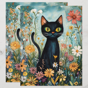 Whimsical Black Cat with Flowers Scrapbook Paper