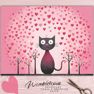 Whimsical Black Cat With Pink Love Heart Decoupage Tissue Paper