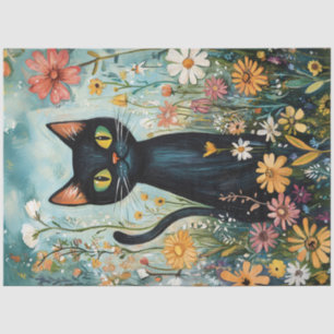 Whimsical Black Cat with Wildflowers Decoupage Tissue Paper