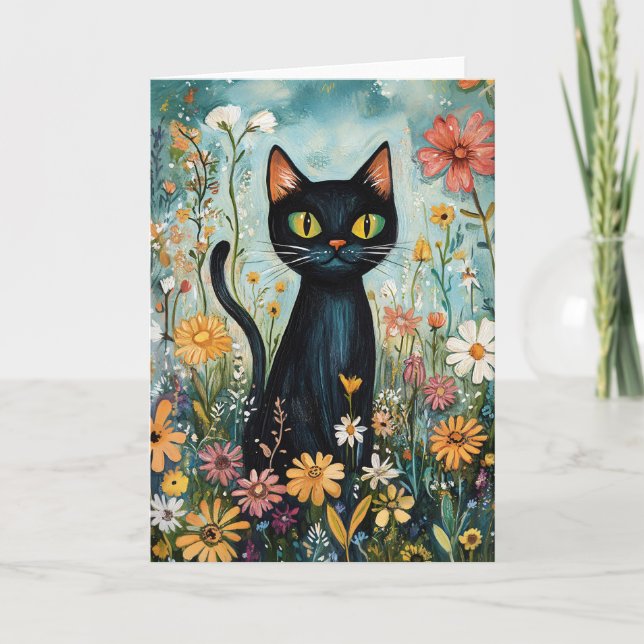 Whimsical Black Cat with Wildflowers Illustration Card (Front)