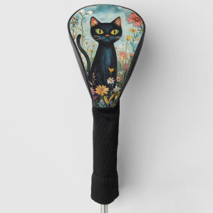 Whimsical Black Cat with Wildflowers Illustration Golf Head Cover