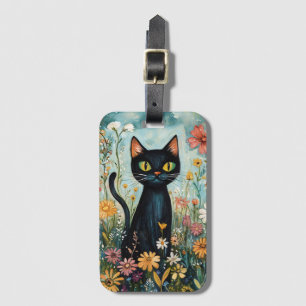 Whimsical Black Cat with Wildflowers Illustration Luggage Tag