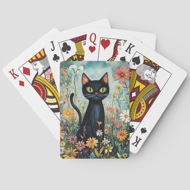 Whimsical Black Cat with Wildflowers Illustration Playing Cards (Back)