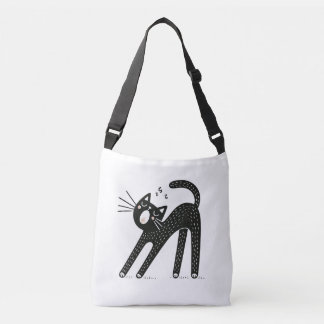 Whimsical Black Cat Yawning and Stretching Crossbody Bag