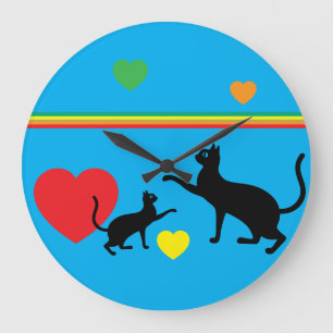 Whimsical Black Cats and Rainbow Round Clock