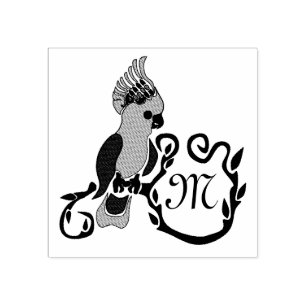 Whimsical Black Cockatoo Monogram Rubber Stamp