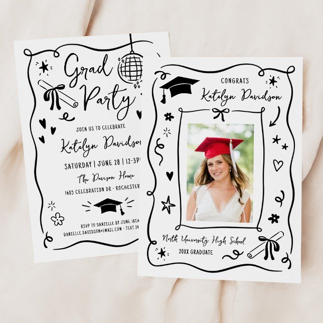 Whimsical Black Doodle Photo Grad Party Invitation (Creator Uploaded)