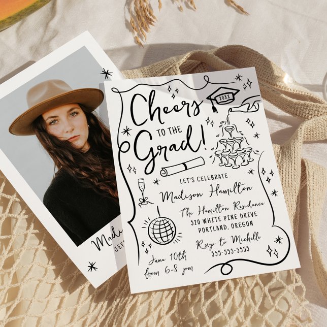 Whimsical Black Doodles Photo Graduation Party Invitation (Creator Uploaded)