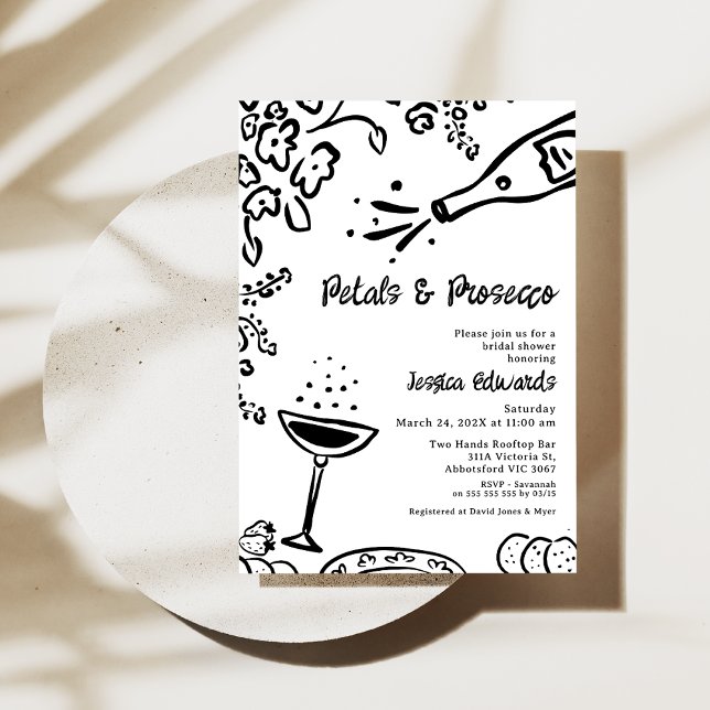 Whimsical Black Drawn Petal Prosecco Bridal Shower Invitation (Whimsical Hand Drawn Petal Prosecco Bridal Shower Invitation, Black White, Trendy Bridal Shower )
