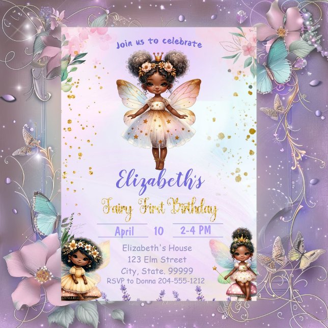 Whimsical Black First Fairy Whimsical Birthday  Invitation (Creator Uploaded)