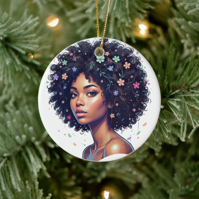 Whimsical Black Girl W/ Flower Adorned Afro Ceramic Tree Decoration (Tree)