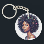Whimsical Black Girl W/ Flower Adorned Afro Key Ring<br><div class="desc">Celebrate the beauty and diversity of black women with this sweet print showcasing an AfricanAmerican young lady wearing her crowning glory in a classic round curly afro. Her naturally curly afro is accented with joyful flowers. Check out the Beautifully Black shop for matching items!</div>