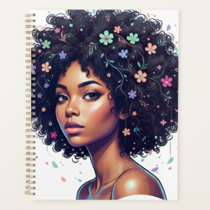Whimsical Black Girl W/ Flower Adorned Afro Planner