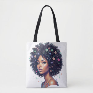 Whimsical Black Girl W/ Flower Adorned Afro Tote Bag