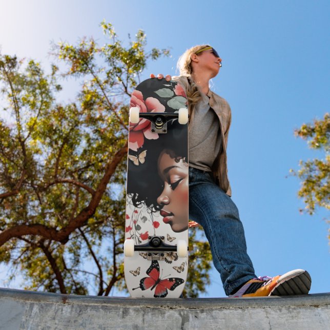 Whimsical Black Girl with Roses and Butterflies Skateboard (Outdoor 1)