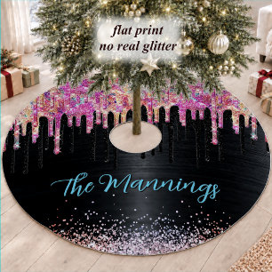 Whimsical Black Glitter Unicorn Christmas Brushed Polyester Tree Skirt