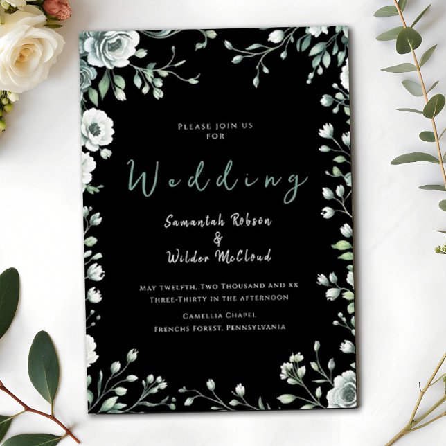 Whimsical Black Greenery and Gold Wedding Invitation (Creator Uploaded)