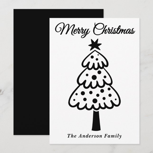 Whimsical Black Hand Drawn Christmas Tree Holiday Card (Front/Back)