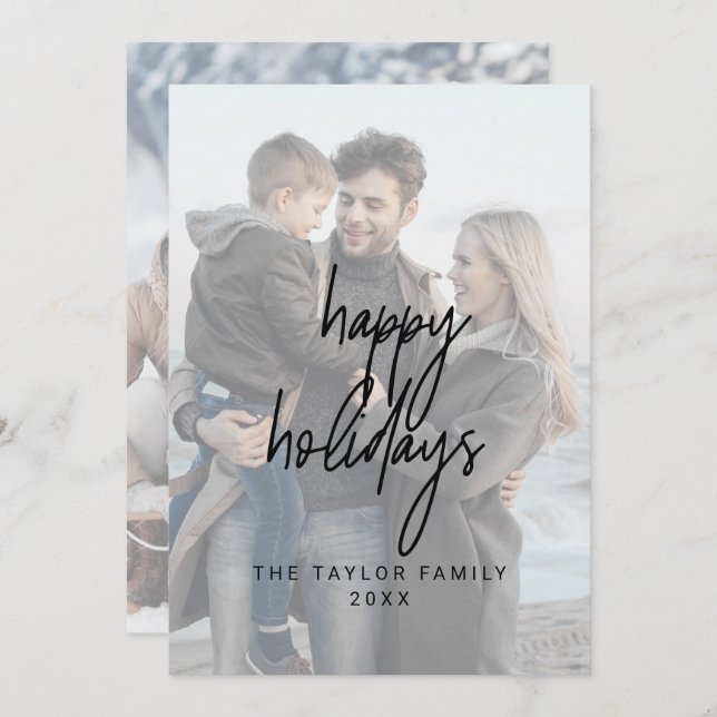 Whimsical Black Happy Holidays 2 Vertical Photos Holiday Card (Front/Back)