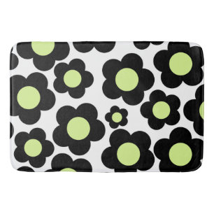 Whimsical Black & Lime Green Floral Retro Cheerful Bath Mat