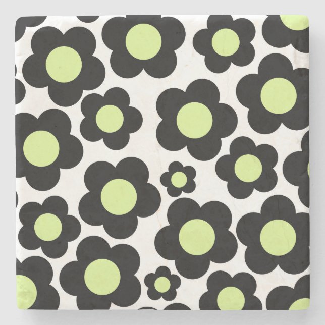 Whimsical Black & Lime Green Floral Retro Cheerful Stone Coaster (Front)