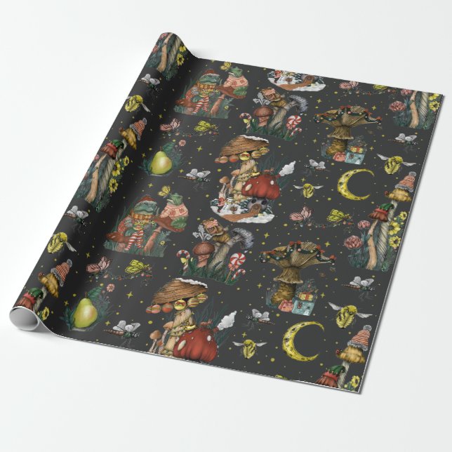 Whimsical Black Mushroom Merry Christmas Goth  Wra Wrapping Paper (Unrolled)