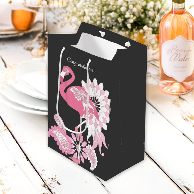 Whimsical Black Paisley Pink Flamingo Medium Gift Bag (Creator Uploaded)