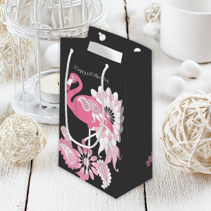 Whimsical Black Pink Flamingo Birthday Small Gift Bag