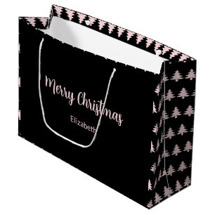 Whimsical Black & Pink Merry Christmas Trees Name Large Gift Bag