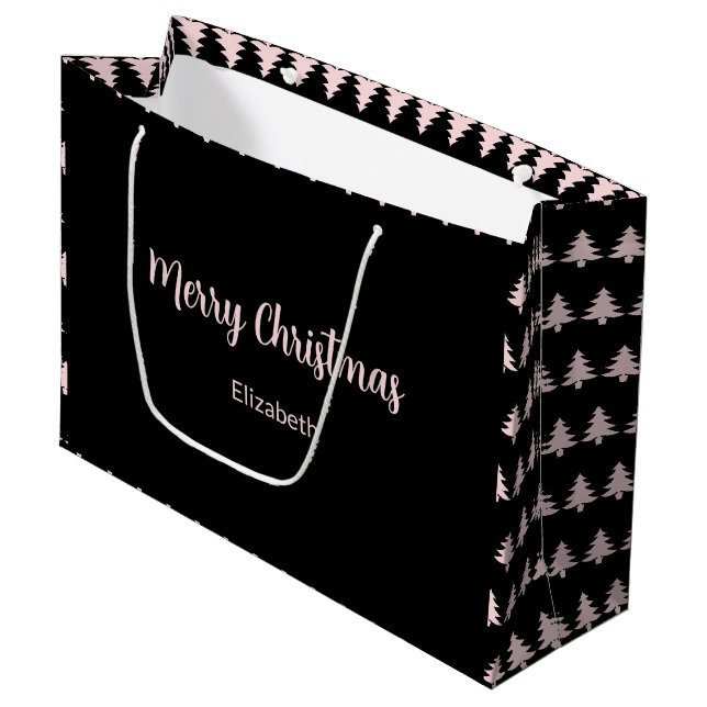Whimsical Black & Pink Merry Christmas Trees Name Large Gift Bag (Front Angled)
