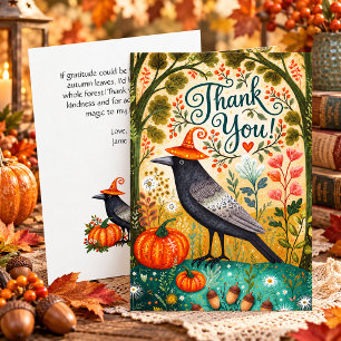 Whimsical Black Raven Autumn Leaves Pumpkin Thank You Card