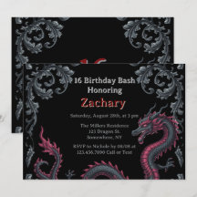 Whimsical Black Red Dragon Damask Sweet 16 Bash