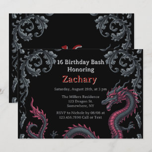 Whimsical Black Red Dragon Damask Sweet 16 Bash Invitation