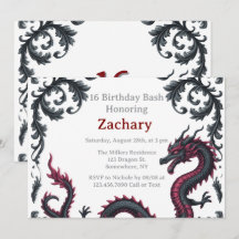 Whimsical Black Red Dragon Damask Sweet 16 Bash
