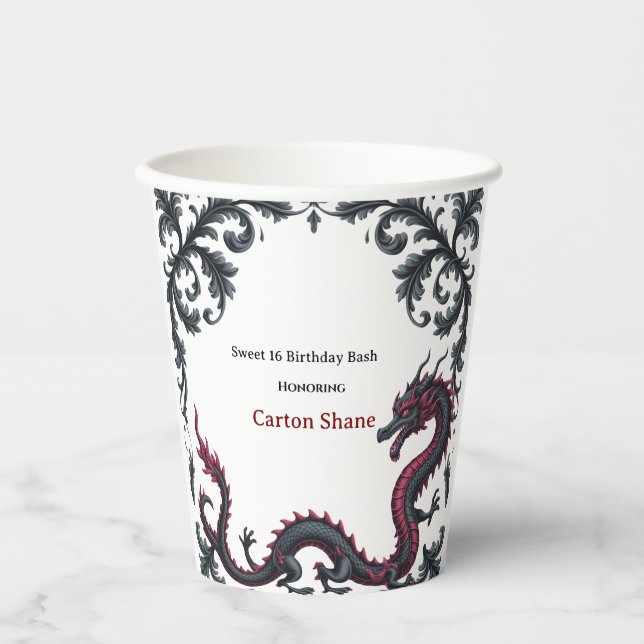 Whimsical Black Red Dragon Damask Sweet 16 Bash Paper Cups (Front)