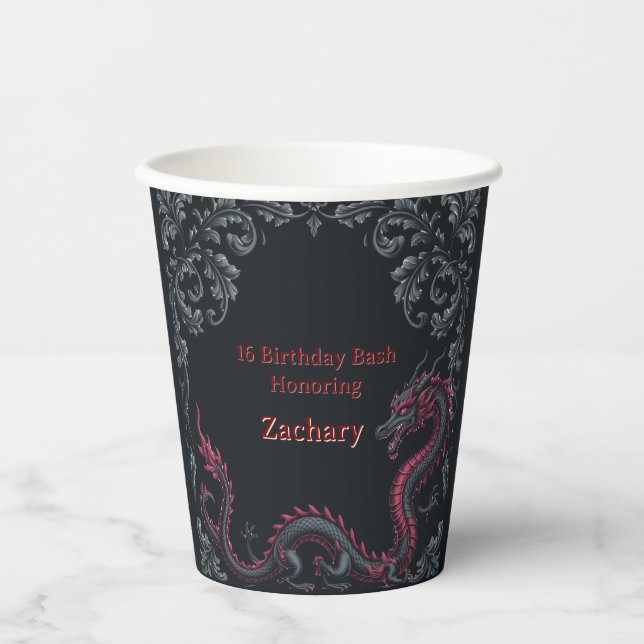Whimsical Black Red Dragon Damask Sweet 16 Bash Paper Cups (Front)