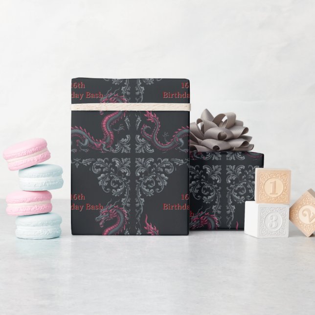 Whimsical Black Red Dragon Damask Sweet 16 Bash Wrapping Paper (Baby Shower)