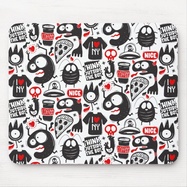 Whimsical Black & Red Monster Doodles Mouse Pad (Front)