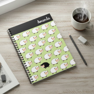 Whimsical Black Sheep Custom Name Spiral Notebook