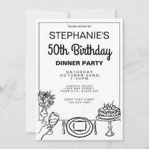 Whimsical Black & White 50th Birthday Dinner Party Invitation
