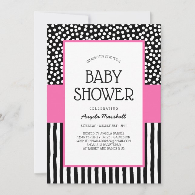 Whimsical Black White and Pink Baby Shower Invitation (Front)