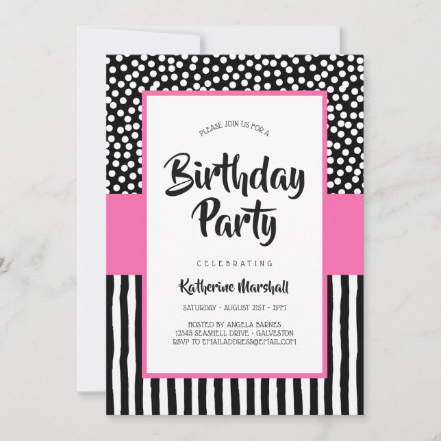 Whimsical Black White and Pink Birthday Invitation (Front)