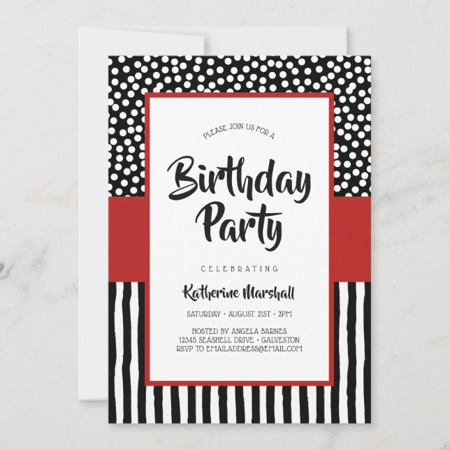 Whimsical Black White and Red Birthday Invitation (Front)