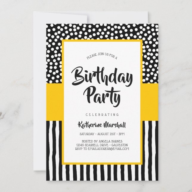 Whimsical Black White and Yellow Birthday Invitation (Front)