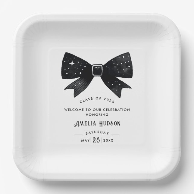 Whimsical Black & White Bow Graduation Party Paper Plate (Front)