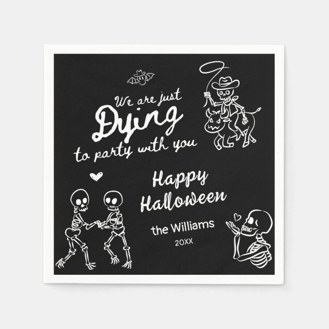 Whimsical Black White Hand Drawn Doodles Halloween Napkin (Front)