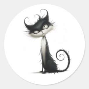 Whimsical Black White Mischievous Cat Illustration Classic Round Sticker