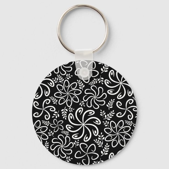 Whimsical Black White Spiral Flower Leafs Pattern Key Ring (Front)