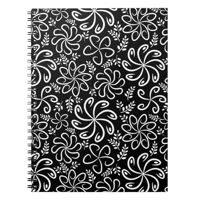 Whimsical Black White Spiral Flower Leafs Pattern Spiral Notebook (Front)