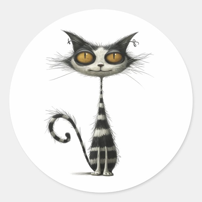 Whimsical Black White Striped Cat Illustration Classic Round Sticker (Front)